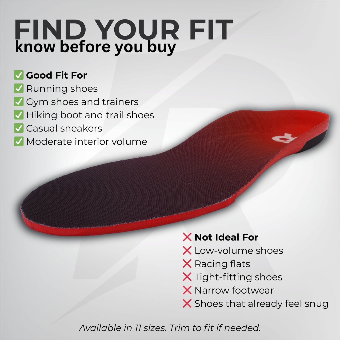 Red and black insole with text on a gray background