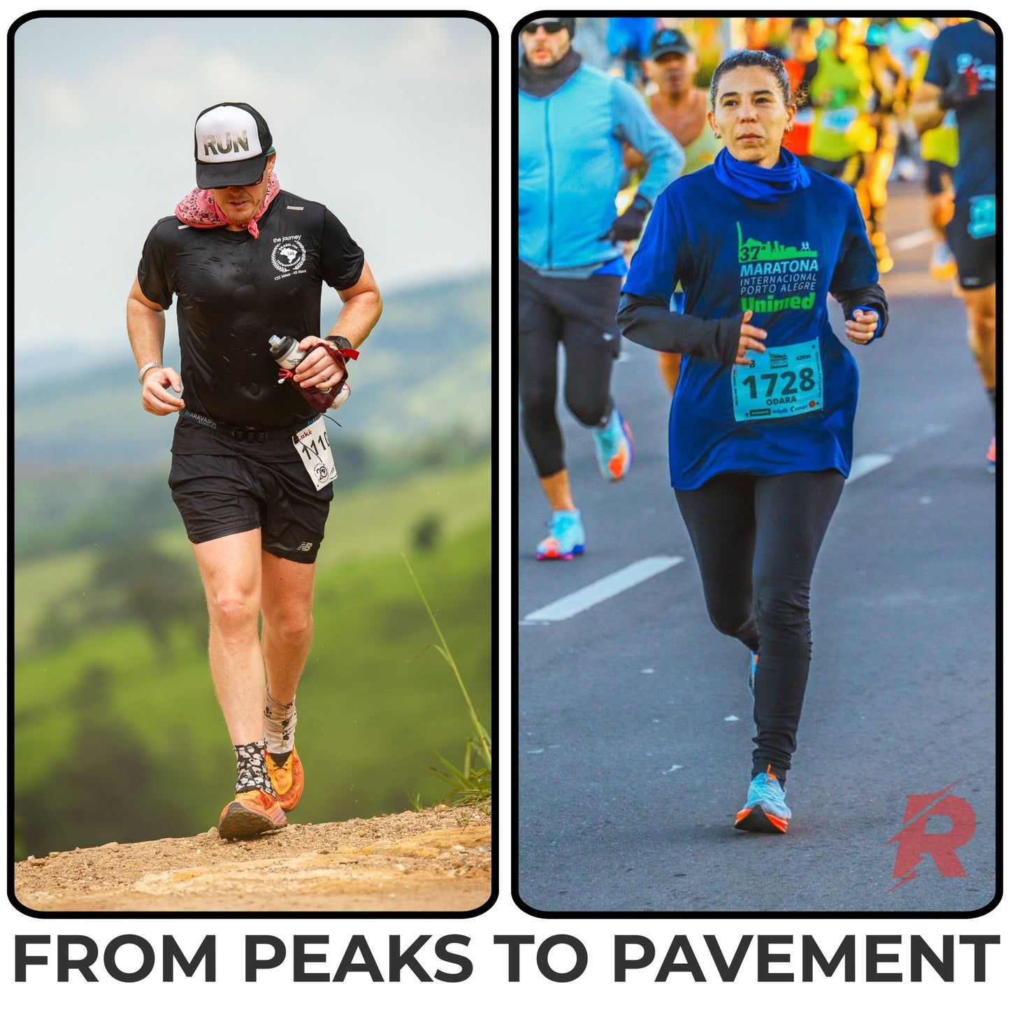 Two runners on a trail and pavement with text 'From Peaks to Pavement'.