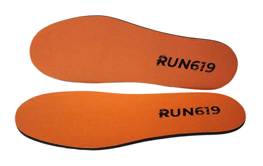 Run 619 original flat insoles in orange color, firm support, 4.5mm thickness for comfort and movement.