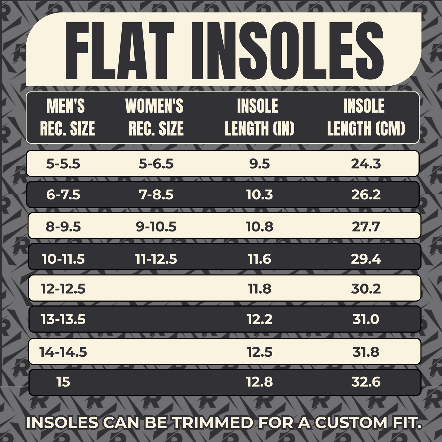 Run 619 Flat Insole Sizing Chart