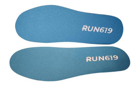 A pair of blue shoe insoles with the text 'RUN619' printed on them, displayed against a white background.