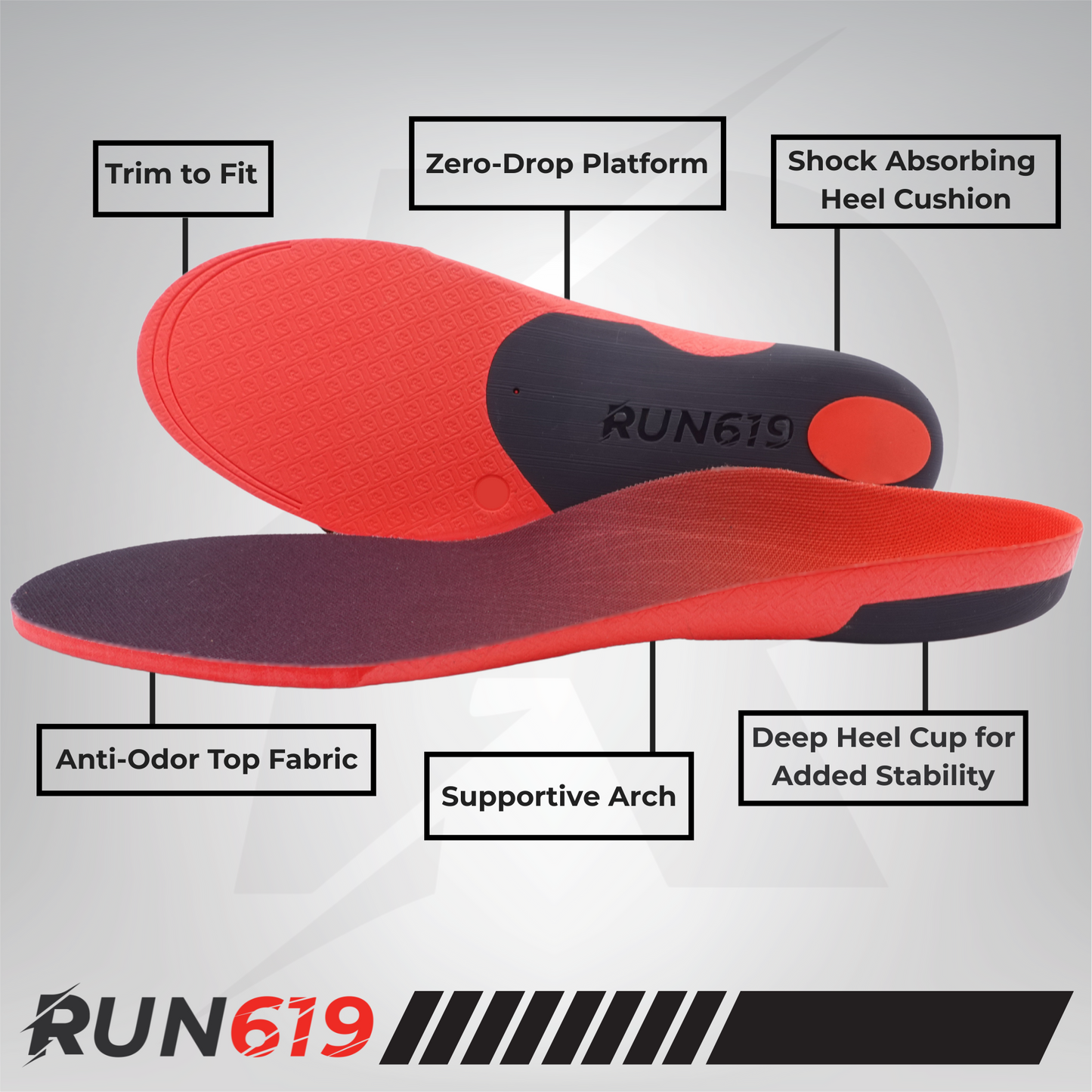 Red and black insole with labeled features on a gray background, featuring the RUN619 brand.