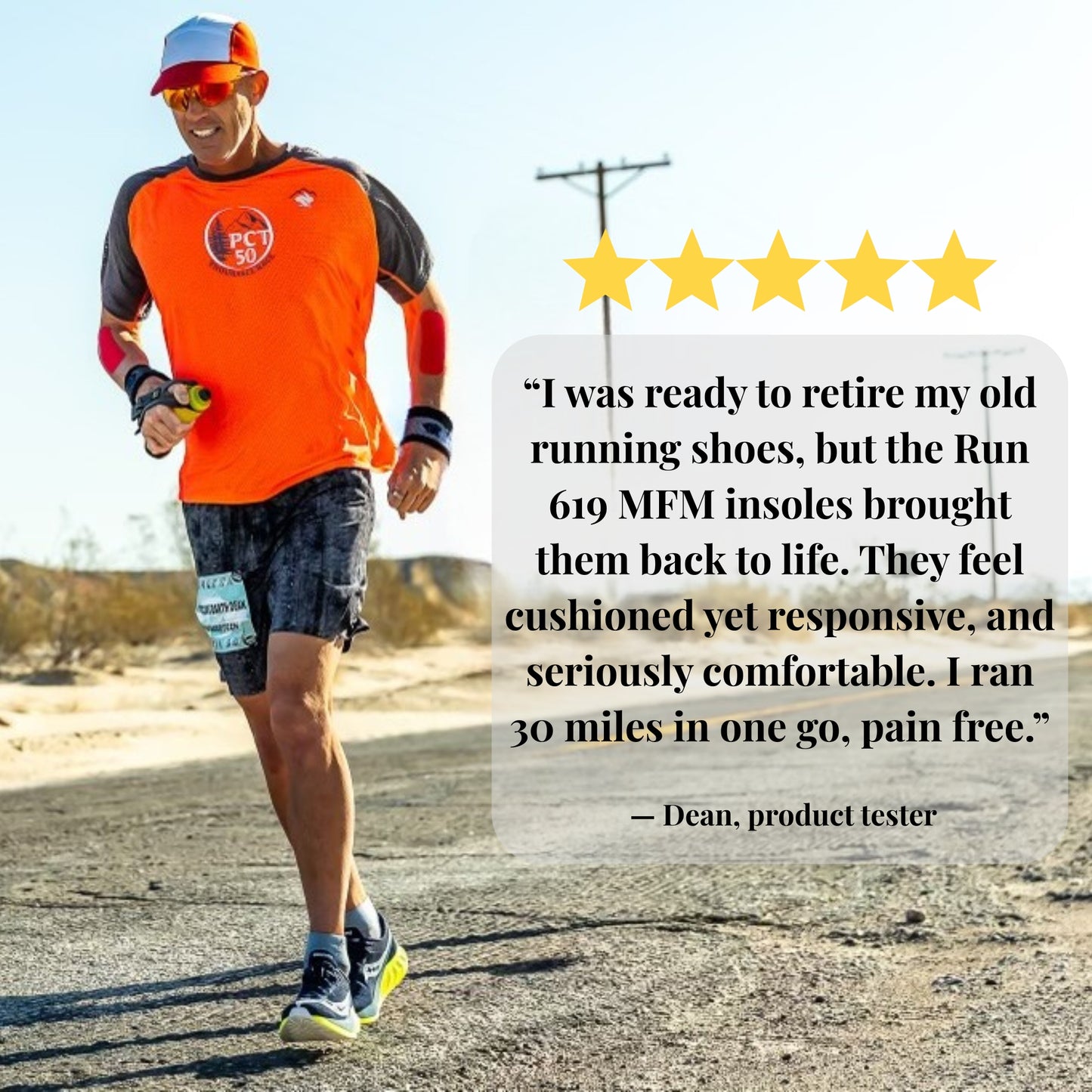 Man running on a road with a testimonial about Run 619 MFM insoles.