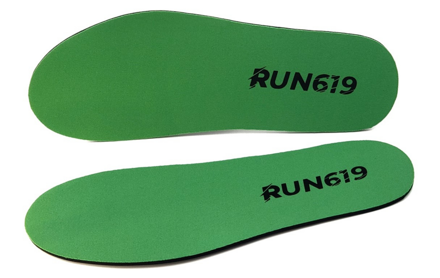 A pair of green, flat, firm shoe inserts with the text 'RUN619' on them, designed to fit into shoes for comfort.