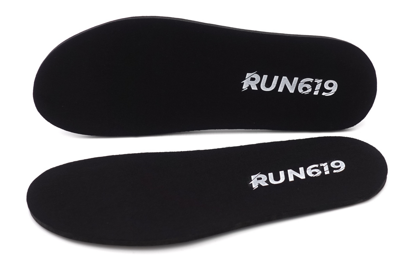 A pair of black, thick, firm shoe inserts with the text 'RUN619' printed on them, lying flat on a white background.