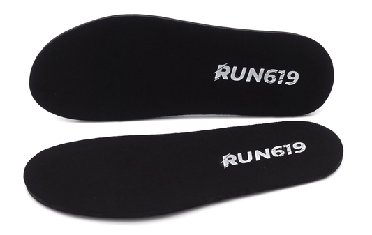 A pair of black, thick, firm shoe inserts with the text 'RUN619' printed on them, lying flat on a white background.