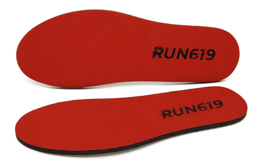Run 619 Original Thick Flat Insoles in red, firm 6mm thick, designed for comfort and fit under custom orthotics.
