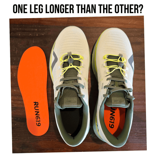 Visual example of using Run 619 Leg Length Discrepancy Insoles to correct a minor imbalance with a single flat, zero-drop insole.
