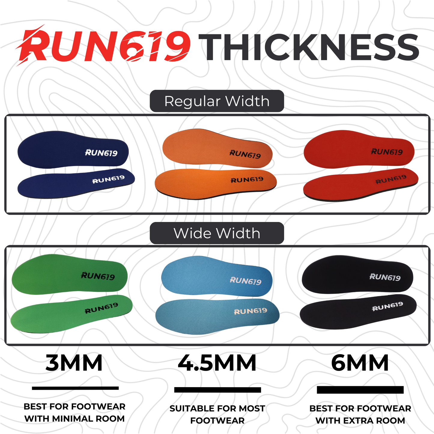 Run 619 Zero Drop Insoles - Flat, Firm, Foot-Forming, Traditional Shape, Thick