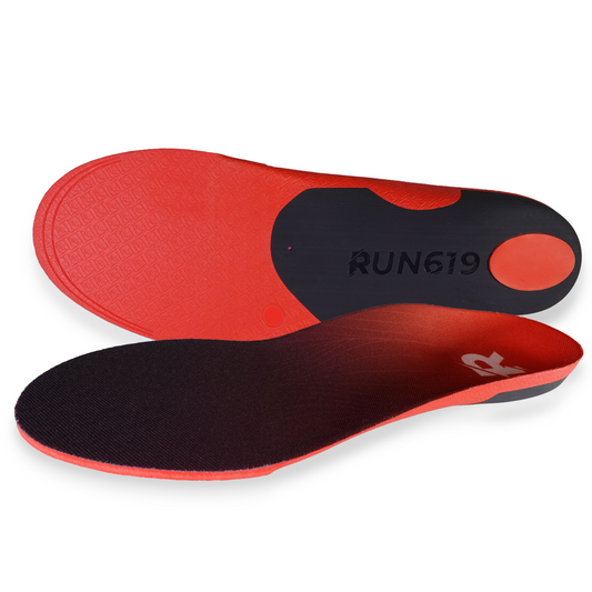 Red and black shoe insoles with 'RUN619' branding on a white background