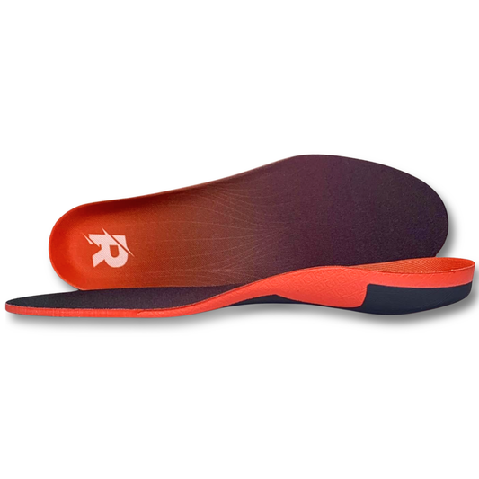 Red and black shoe insole with Run 619 logo on a white background