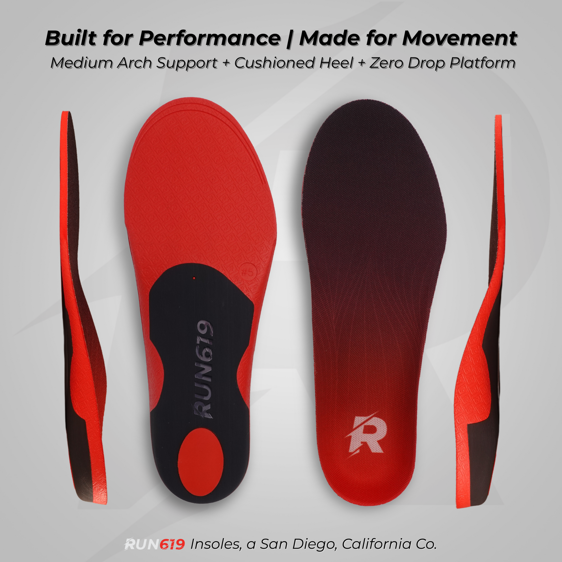 Red and black insole with 'RUN619' branding on a gray background