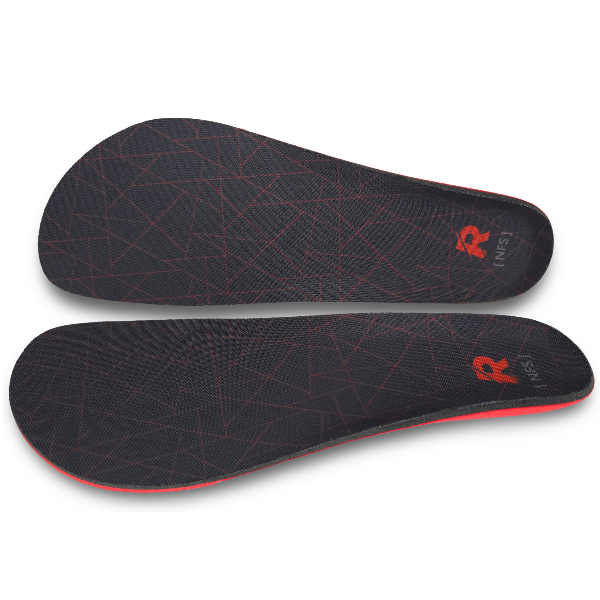 Pair of black shoe insoles with red geometric pattern on a white background