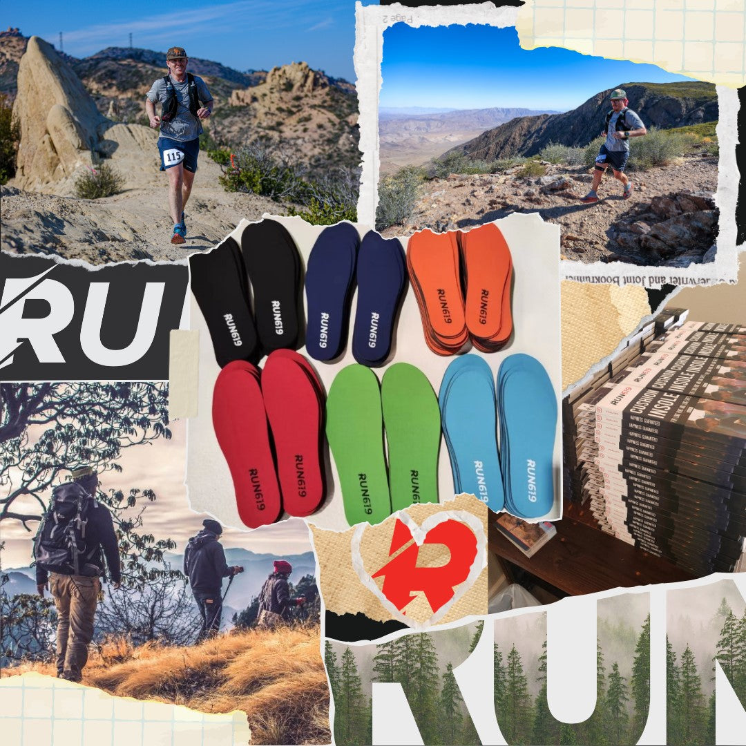 run 619 collage with trail runners, hikers, and run 619 insoles