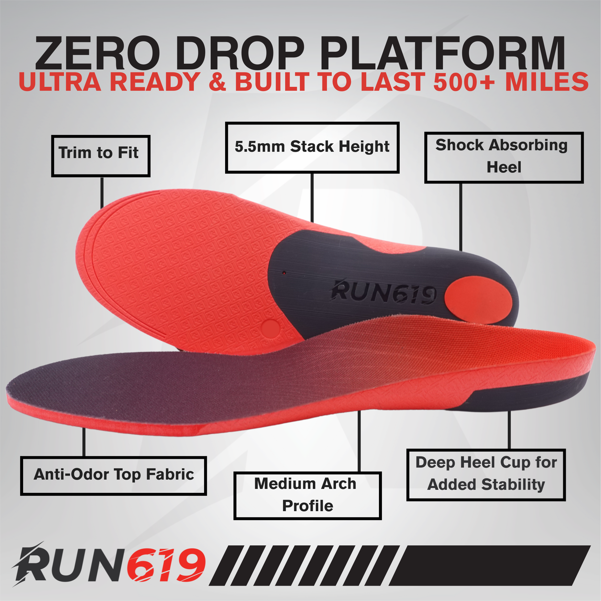 Run 619 MFM Performance Insoles featuring zero drop insoles with arch support and shock-absorbing heel.