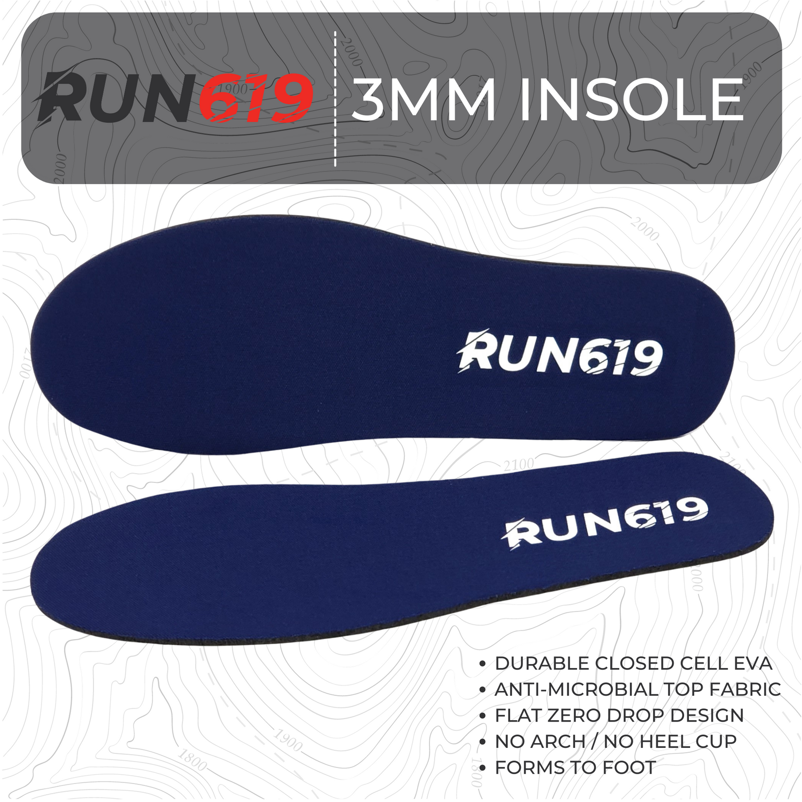 Run 619 Zero Drop No Arch Shoe Insole ( Thin Medium Firm ) Run 619 Insoles