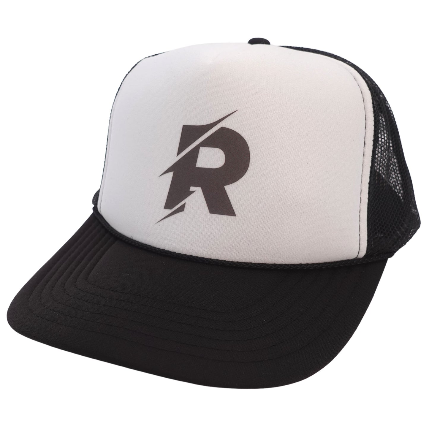 Run 619 R-Logo Foam Trucker Hat Black and White