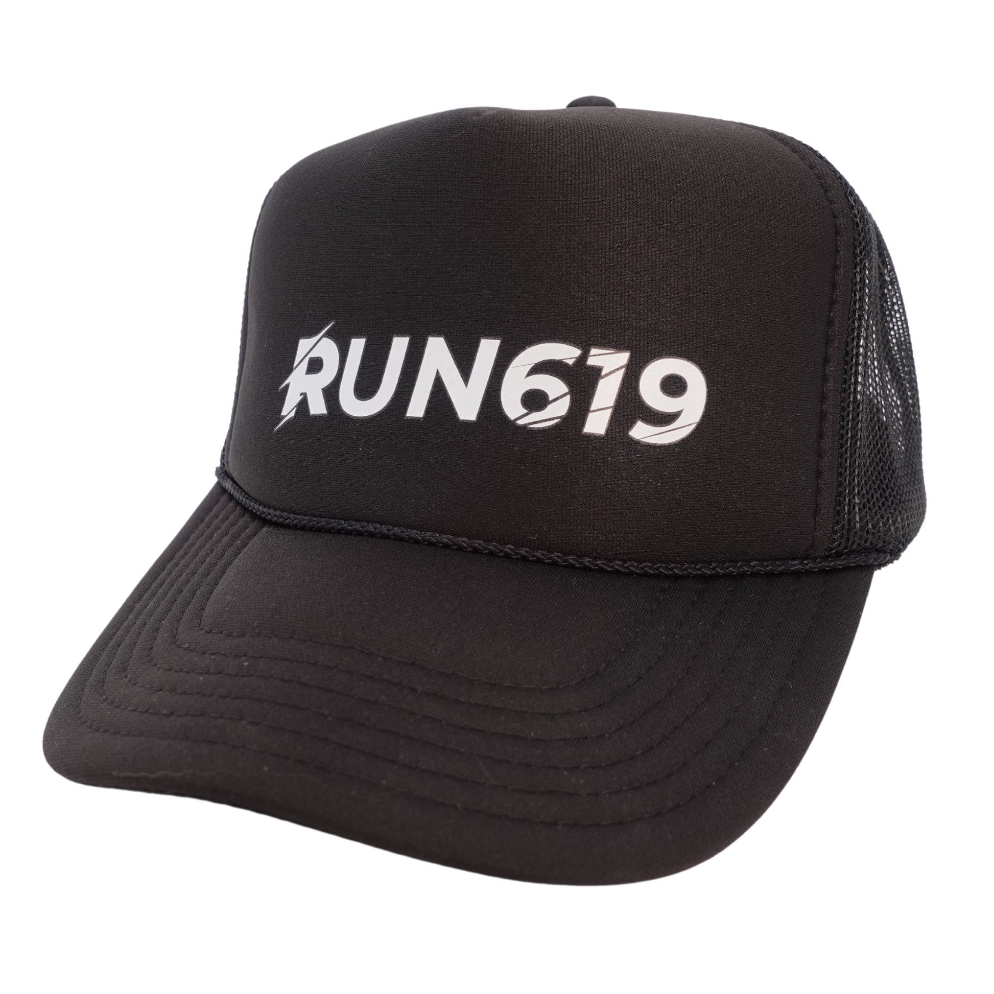 Black hat with White Run 619 Logo Foam Trucker Hat