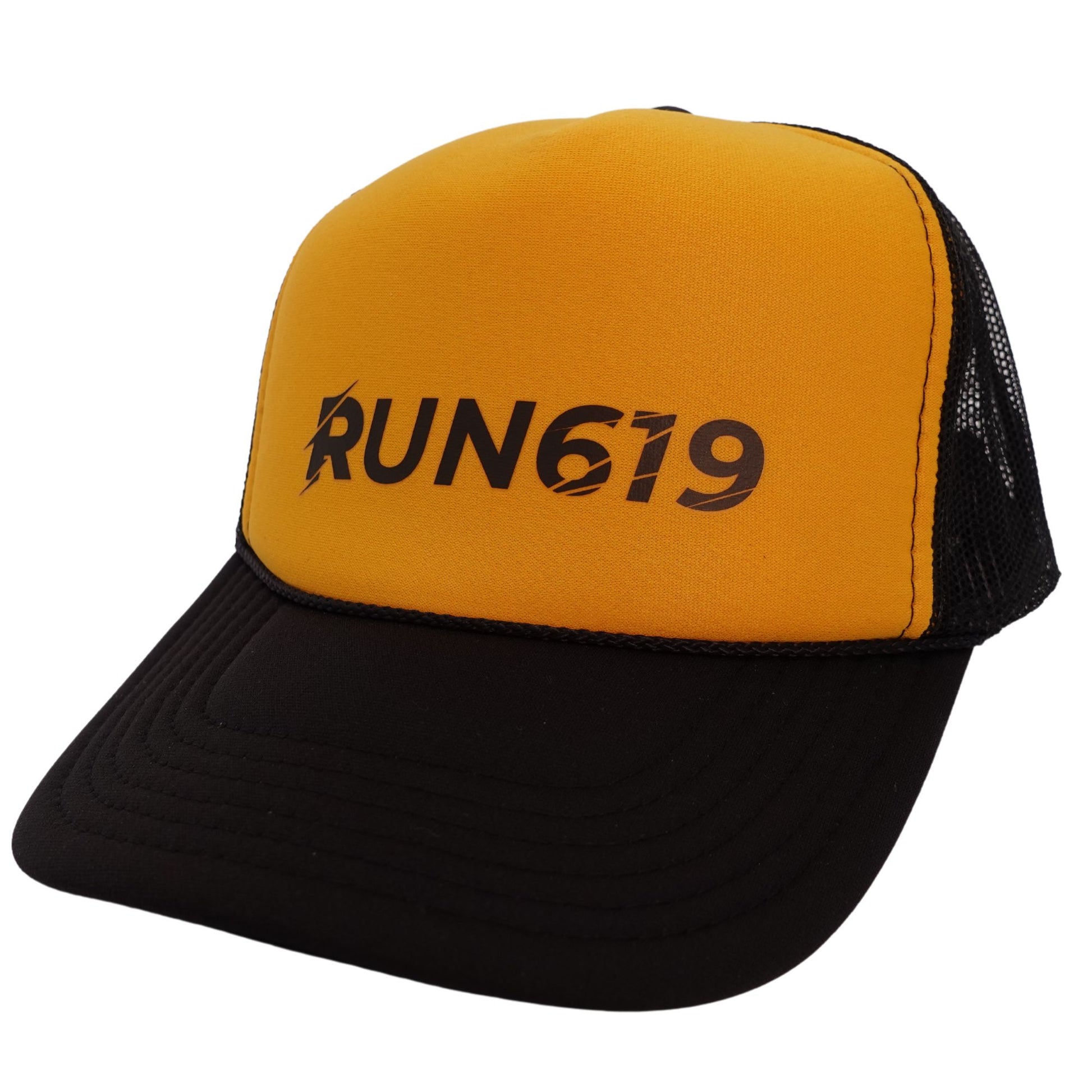 Black and Yellow Run 619 Logo Foam Trucker Hat